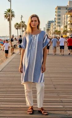 Caslon summer linen drawstring striped dress w/pockets sz L cottagecore party